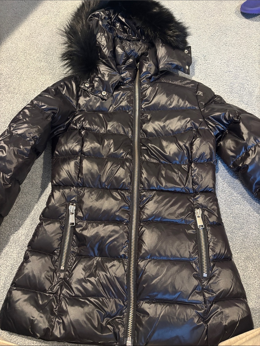Andrew Marc Black Quilted Puffer Coat with Fur Hood